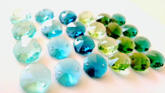 Assorted Blues and Greens Set Octagon Beads, 14mm Chandelier Crystals Pack of 24 - ChandelierDesign