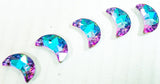 foiled glass cresent moon beads in lilac and aqua blue swirls